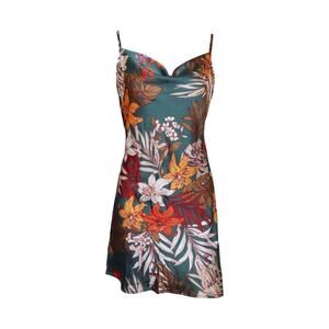 Tropical Printed Sling Satin Low Neck Slim Waist Floral Dress Women’s Size M